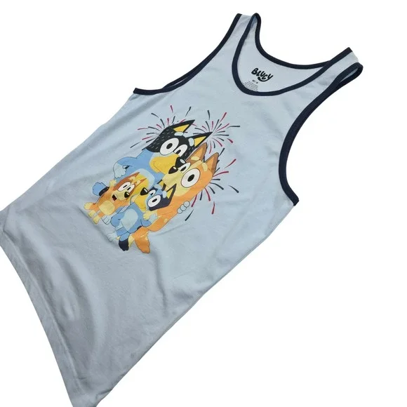Bluey Adult Tank Top Size Medium Blue Family Fireworks Graphic Blue Trim Shirt - Picture 4 of 7